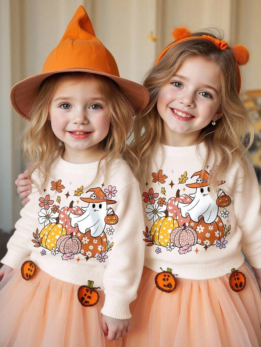Jeune fille abricot chaud, citrouille d'Halloween mignonne, fantôme, saison effrayante, Mademoiselle Bootiful, jeune fille pull col rond manches longues minimaliste décontracté, convient pour l'automne/l'hiver, automne, confort facile, couches d'automne, bébé et style, tenue décontractée, bébé et graphique d'Halloween, ambiance d'automne, ambiance d'automne ! - Multicolore - Voir 1