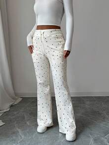 INAWLY Casual New Elastic Fabric Polka Dot High Waist Drawstring Slimming Side Pocket Flare Pants Fall Cloth For Women - Apricot - View 5