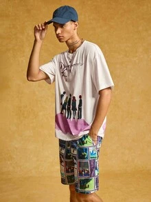 HARRY POTTER X SHEIN 男士字母及卡通人物图案短袖T恤和短裤套装 - 杏色 - 查看 5