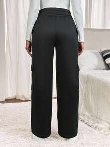 SHEIN Solid Color Casual Maternity Pants With Pockets, Full Length - Black - View 3