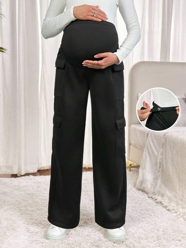 SHEIN Solid Color Casual Maternity Pants With Pockets, Full Length