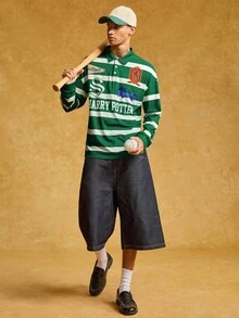 HARRY POTTER X SHEIN Men's Casual Striped Letter Graphic Polo Shirt, Autumn - Green - View 5