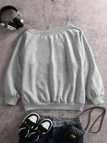 SHEIN 青少年女孩休闲/基本款针织图案超大长袖灰色运动衫、长袖上衣 - 灰色 - 查看 2