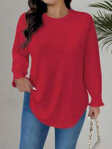 EMERY ROSE 大码女式针织圆领麻花袖休闲衬衫 - 紅色 - 查看 3