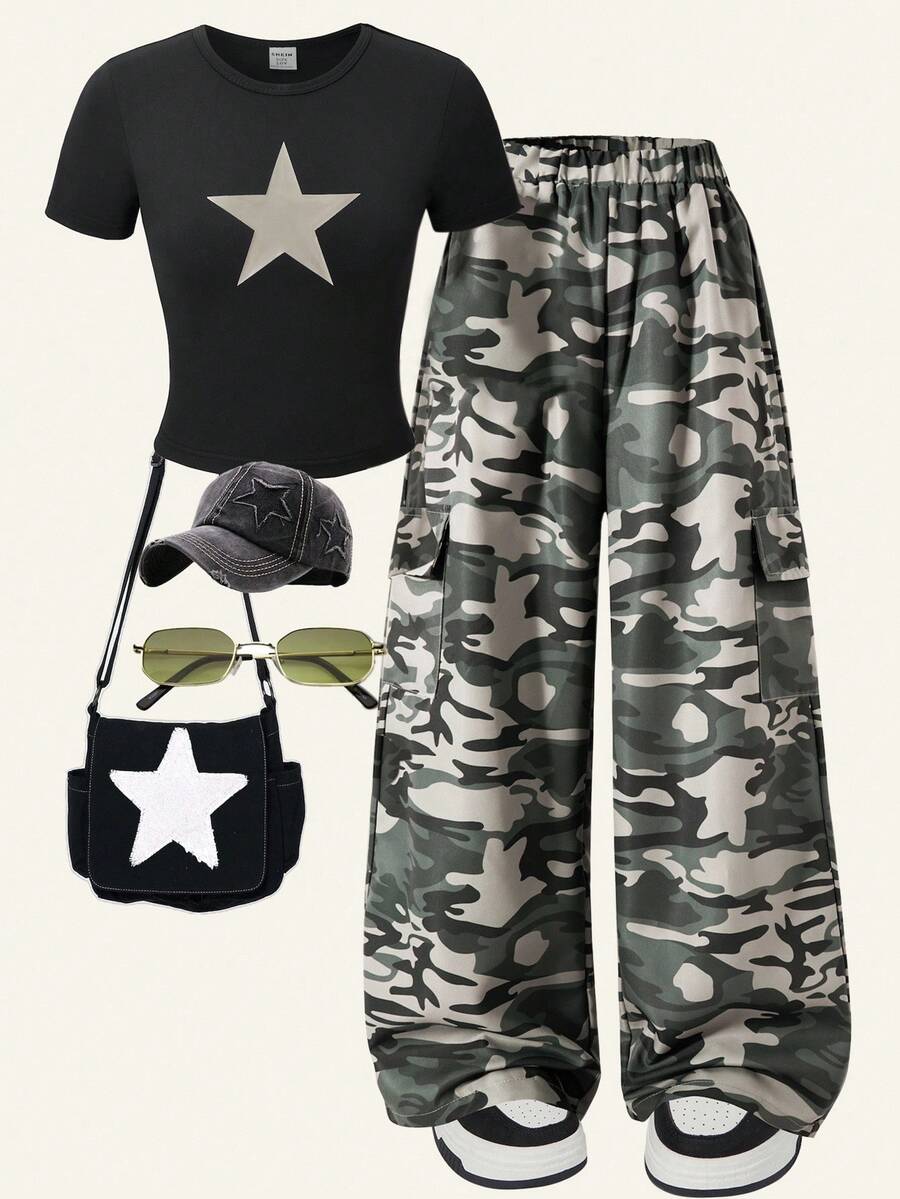 Tween Girls' Casual Fashion Street Style Star Print Short Sleeve T-Shirt And Camo Print Flap Pocket Wide Leg Pants Set, Summer - Multicolor - View 1