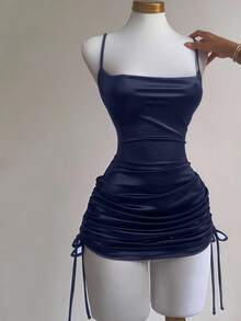 Chiquease Minimalist Spaghetti Strap Sexy Ruched Decor Low-Cut Women Dress