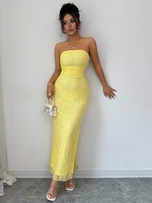 Rafferiza Women's Tight Lace Bodycon Strapless Slit Hem Yellow Mini Dress - Yellow - View 7