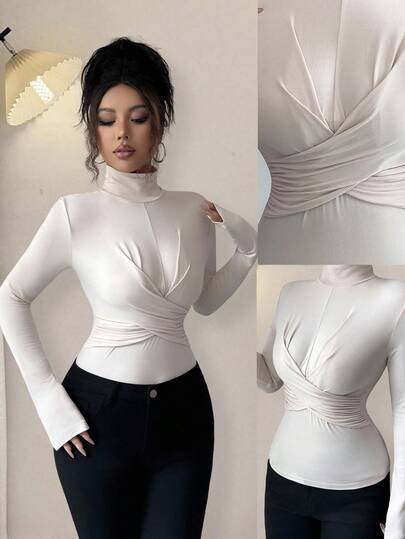 Rafferiza Atasan Wanita Lengan Panjang Warna Polos Elegan dengan Desain Silang untuk Musim Gugur/Musim Dingin, Atasan Putih untuk Wanita, Atasan Kemeja Putih untuk Gaya Elegan, Modis, Kasual, untuk Perjalanan, Bisnis, Kantor, Rekreasi Sehari-hari, Serbaguna, Pakaian Guru Perkotaan, dan Profesional