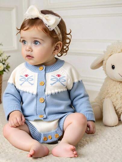 SHEIN Infant & Baby Girl Crochet Lace Jacquard Knit Cardigan + Knit Suspender Bodysuit, Suitable For Daily, Outdoor, Travel, Vacation, Home, Daycare, School Occasions Fall Winter