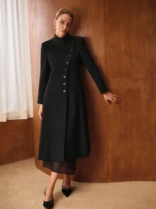 MOTF PREMIUM Áo khoác len cổ ve đơn hàng khuy - màu đen - Xem 9