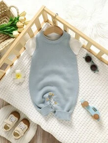 SHEIN Green Baby Romper | Vest Jumpsuit, Casual Minimalist Daily Style, Soft & Comfortable Bodysuit For Crawling Infants Fall Winter - Blue - View 6