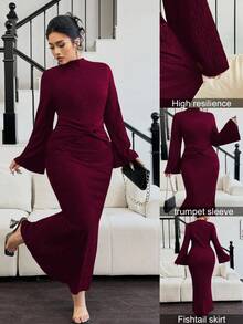Elenzga 大码女式优雅黑色高领纹理扭腰修身喇叭袖连衣裙，秋冬长款女装 - 酒紅色 - 查看 1
