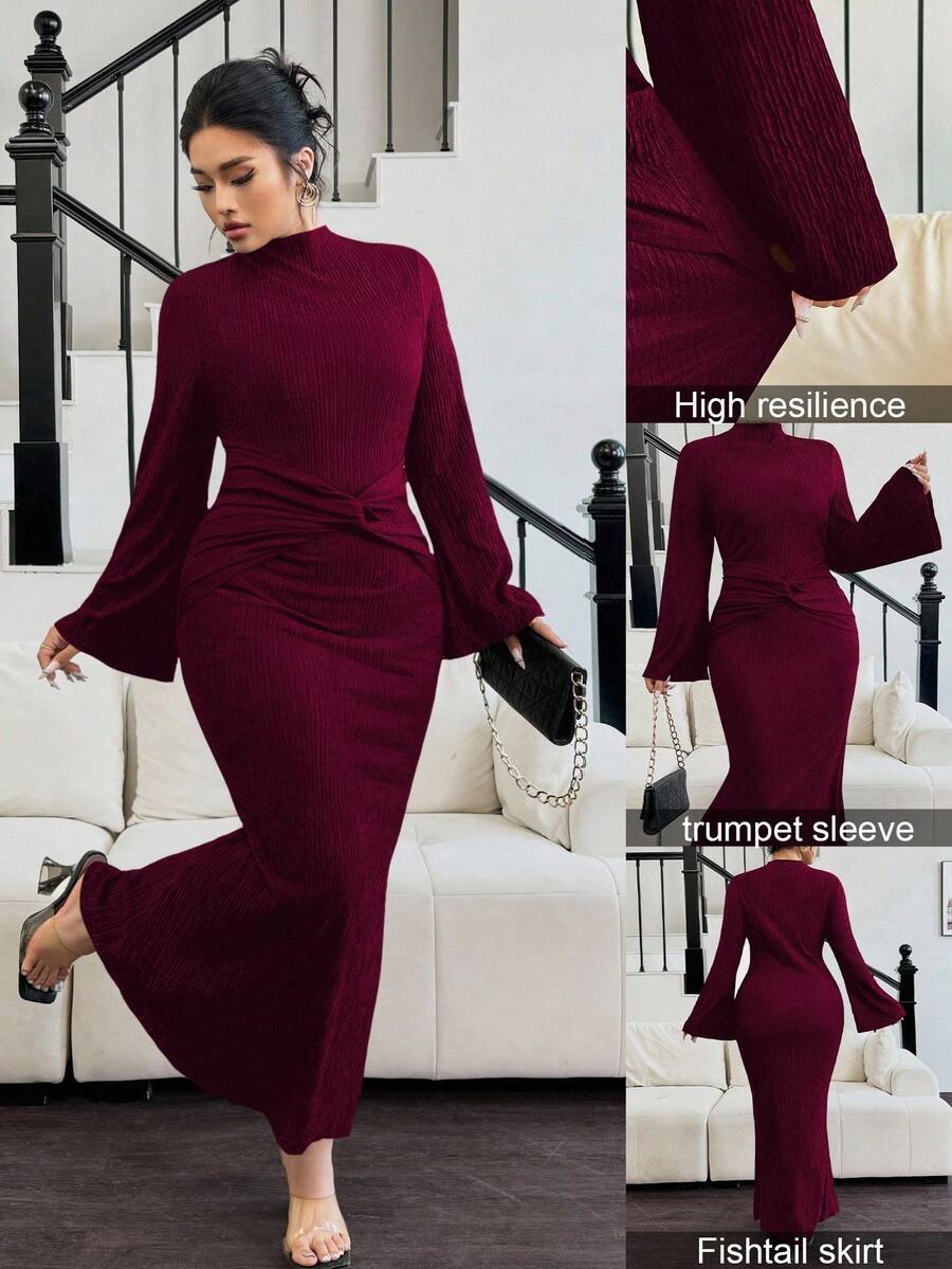 Elenzga 大码女式优雅黑色高领纹理扭腰修身喇叭袖连衣裙，秋冬长款女装 - 酒紅色 - 查看 1