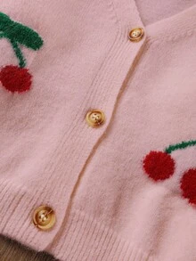 SHEIN Vintaside Kids 少女休閒可愛時尚櫻桃前扣針針織開襟毛衣 女童秋季返校穿搭 粉色與紅色 - 粉色 - 查看 4