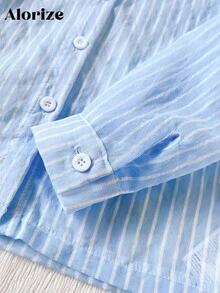 青少年女孩度假海报印花休闲乡村日常百搭透明条纹长袖衬衫 + 宽松短裤两件套 - 藍色 - 查看 4