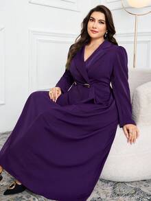 Modelyn 大码女式纯色翻领长袖腰部金属装饰优雅连衣裙 - 紫色 - 查看 6