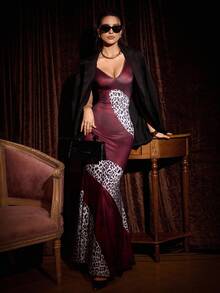 Leighera Women's Sexy Party Elegant Charming Fashion Patchwork Leopard Print Vacation Dress - Burgundy - View 5