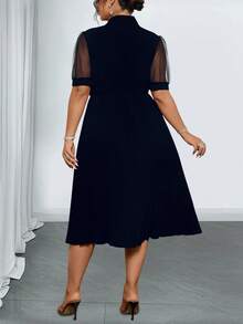 Elenzga 大码女式纯色系带网眼短袖优雅连衣裙 - 藏蓝色 - 查看 2