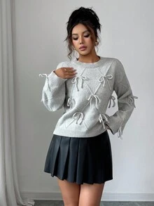 Elenzga Women's Minimalist Casual Gray Knit Top With 3D Bow & Line Decor Fall Winter Cloth For Women