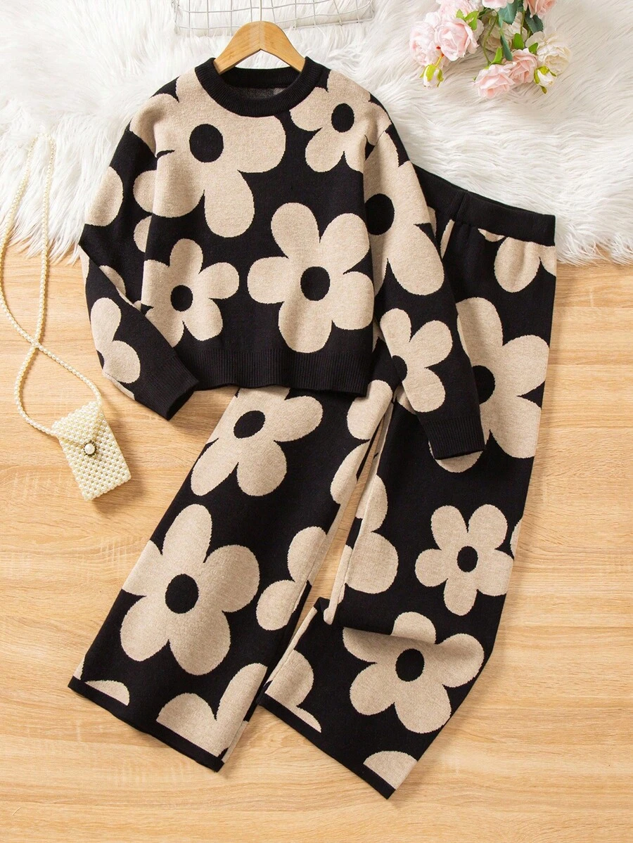 Sparklyn Bộ 2 món áo len dệt kim Jacquard và quần legging cho bé gái, họa tiết thời trang, tay dài, thu/đông - màu đen - Xem 1