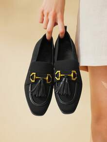 CUCCOO BASICS CUCCOO Fashion Horse Bit Buckle Tassel Flat Loafers - Black - View 7