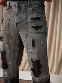 Manfinity Homme Men's Splatter Paint Distressed Patchwork Slim Fit Relaxed Denim Jeans Punk Acid Washed For Slim-Fit Halloween All Saints' Day - Grey - View 5