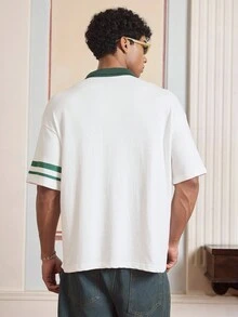 SWAVVY 男士标语印花休闲宽松短袖 Polo 衫 - 白色 - 查看 2