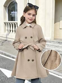SHEIN Serisse Kids Abrigo largo de forro polar de color caqui sólido y simple para niñas preadolescentes, adecuado y cálido para otoño e invierno, uso diario, ocasión casual, vuelta al colegio
