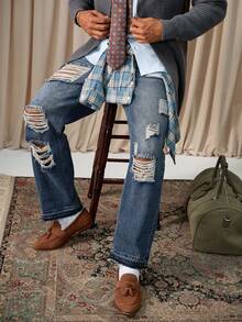 Manfinity Homme Blugi bărbătești albaștri, cu croială largă, stil streetwear, stil cowboy western, stil vintage, spălați, pentru ieșiri cu picior drept