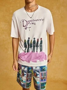 HARRY POTTER X SHEIN 男士字母及卡通人物图案短袖T恤和短裤套装 - 杏色 - 查看 1