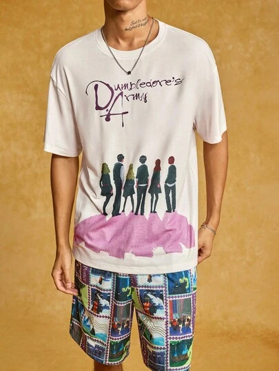 HARRY POTTER X SHEIN Men's Letter & Cartoon Figure Graphic Short Sleeve T-Shirt And Shorts Set