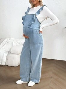 孕妇宽松拼接荷叶边下摆休闲牛仔背带连体裤 - 淺色水洗藍 - 查看 5
