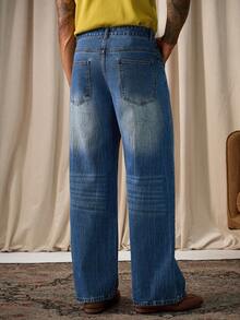 Manfinity Homme Men's Fashion Casual Pocketed Wide Leg Embroidered Jeans Business Casual Minimalist Comfortable Regular Washed Blue For Straight Leg Urban