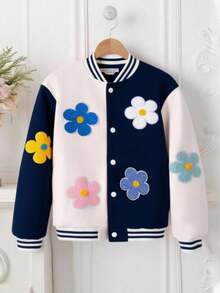 SHEIN 女童休闲彩色3D花卉撞色棒球夹克，春秋季 - 藍色 - 查看 6