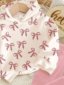 SHEIN 柔和的奶油白色和奶油粉色，可爱迷你豹纹蝴蝶结图案，女婴休闲厚柔软连帽衫和紧身裤套装，适合秋冬季 - 彩色 - 查看 4