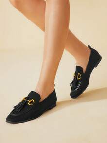 CUCCOO BASICS CUCCOO Fashion Horse Bit Buckle Tassel Flat Loafers - Black - View 3