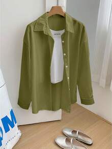 Franclia Women's Casual Loose Solid Color Long Sleeve Shirt - Army Green - View 6