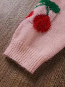 SHEIN Vintaside Kids 少女休閒可愛時尚櫻桃前扣針針織開襟毛衣 女童秋季返校穿搭 粉色與紅色 - 粉色 - 查看 6