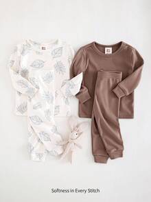 Cozy Pixies 4 件套男婴舒适睡衣套装 - 纯色柔软针织圆领长袖上衣和松紧腰长裤，花卉印花圆领长袖上衣和松紧腰长裤 - 彩色 - 查看 1