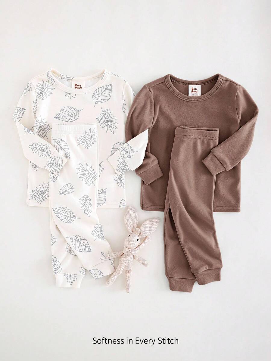 Cozy Pixies 4 件套男婴舒适睡衣套装 - 纯色柔软针织圆领长袖上衣和松紧腰长裤，花卉印花圆领长袖上衣和松紧腰长裤 - 彩色 - 查看 1