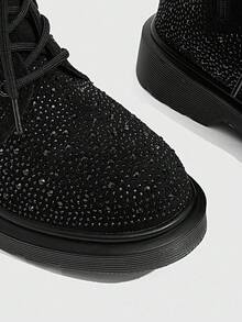 CUCCOO SZL 女士圆头厚底时尚英伦风黑色全水钻奢华个性化靴子，摩托车踝靴和短靴 - 黑色 - 查看 6