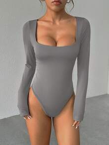 StreetHx Bộ đồ liền thân dài tay cho nữ, màu nâu, ôm vừa vặn, tối giản, đa năng khi đi làm - Xám - Xem 3