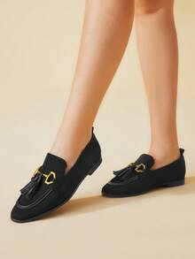 CUCCOO BASICS CUCCOO Fashion Horse Bit Buckle Tassel Flat Loafers - Black - View 1