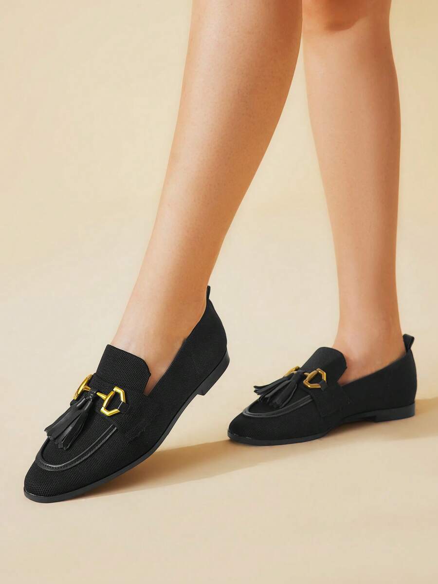 CUCCOO BASICS CUCCOO Fashion Horse Bit Buckle Tassel Flat Loafers - Black - View 1