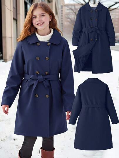 SHEIN Tween 女童纯色长袖双排扣休闲风衣，秋冬