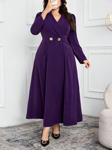 Modelyn 大码女式纯色翻领长袖腰部金属装饰优雅连衣裙 - 紫色 - 查看 1