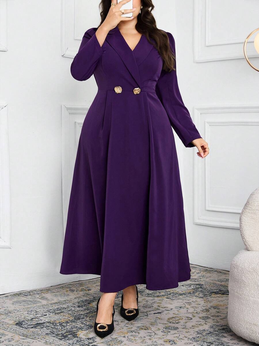 Modelyn 大码女式纯色翻领长袖腰部金属装饰优雅连衣裙 - 紫色 - 查看 1