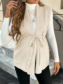 SHEIN Pregnant Women's Solid Color Shawl Collar Drawstring Waist Casual Knitted Vest, Autumn/Winter
