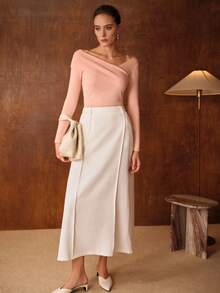 MOTF PREMIUM 休闲法式不对称肩长袖针织毛衣，秋冬合身打底衫 - 粉色 - 查看 5