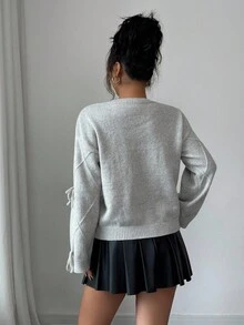 Elenzga Women's Minimalist Casual Gray Knit Top With 3D Bow & Line Decor Fall Winter Cloth For Women